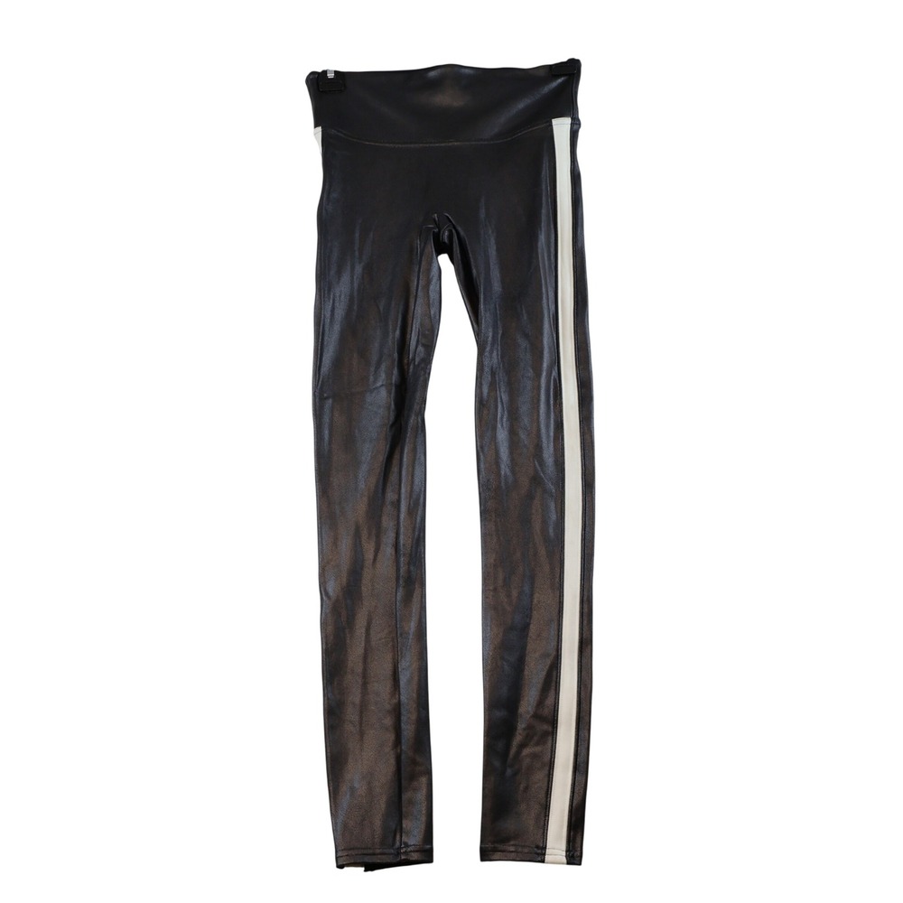 Spanx Womens S Leggings Black Faux Leather White Side Stripe High Waist